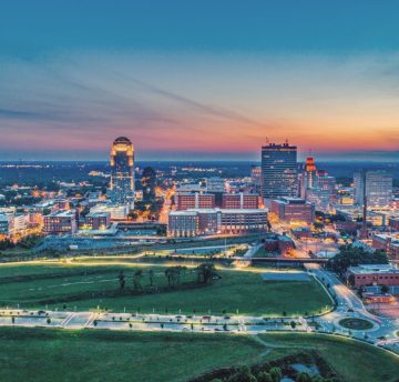 Winston-Salem North Carolina NC Downtown Skyline Aerial at Sunset.